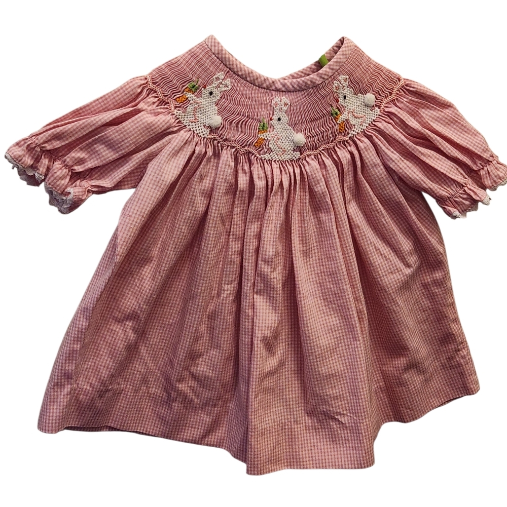 Delaney Pink Gingham Smocked Dress with Bunny Embroidery 12 Month